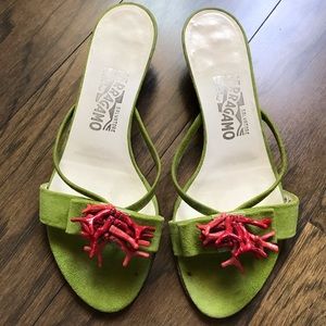 Salvatore Ferragamo green suede heels with Coral